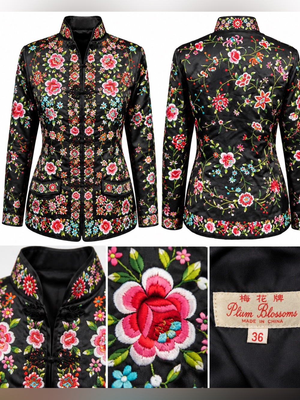 Vintage Plum Blossoms Chinese Floral Embroidered Satin Jacket 36/Small